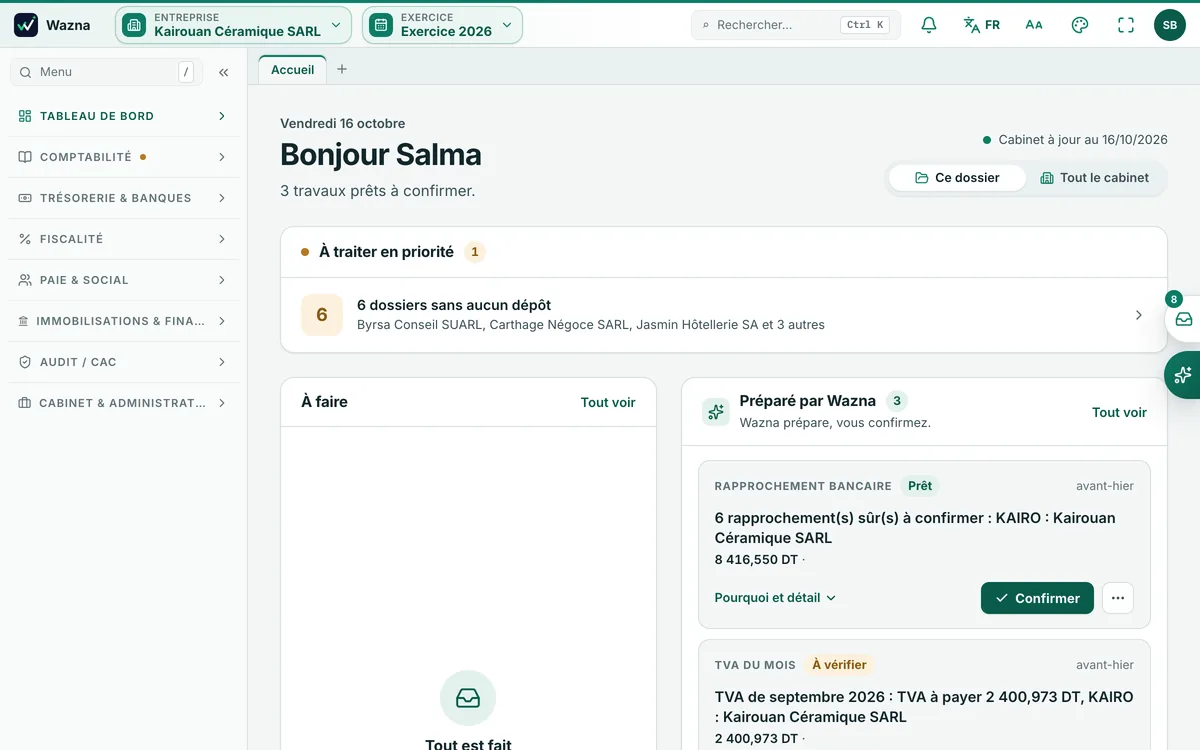 Tableau de bord de Wazna : dossiers du cabinet, pièces lues et échéances