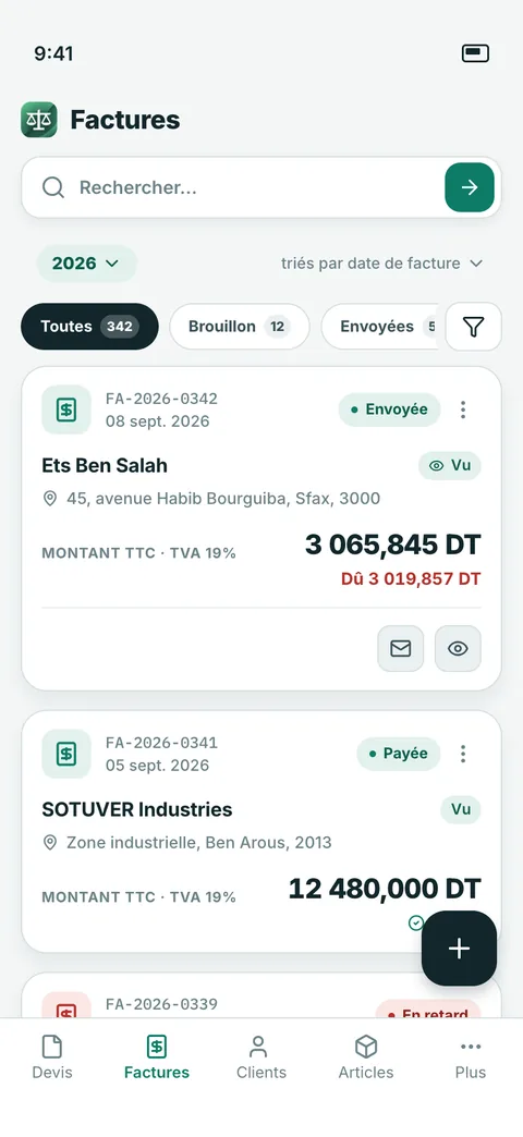Application mobile Wazna : liste des factures avec statuts et montants
